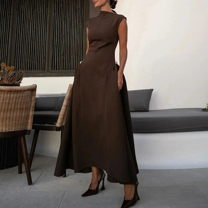 Elegant Asymmetric Collar Sleeveless A-Line Maxi Dress – Women's Evening Gown