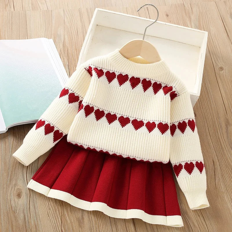 Girls' sweater set for autumn and winter, new western-style children's heart-shaped long sleeved knitted top+short skirt two-pie