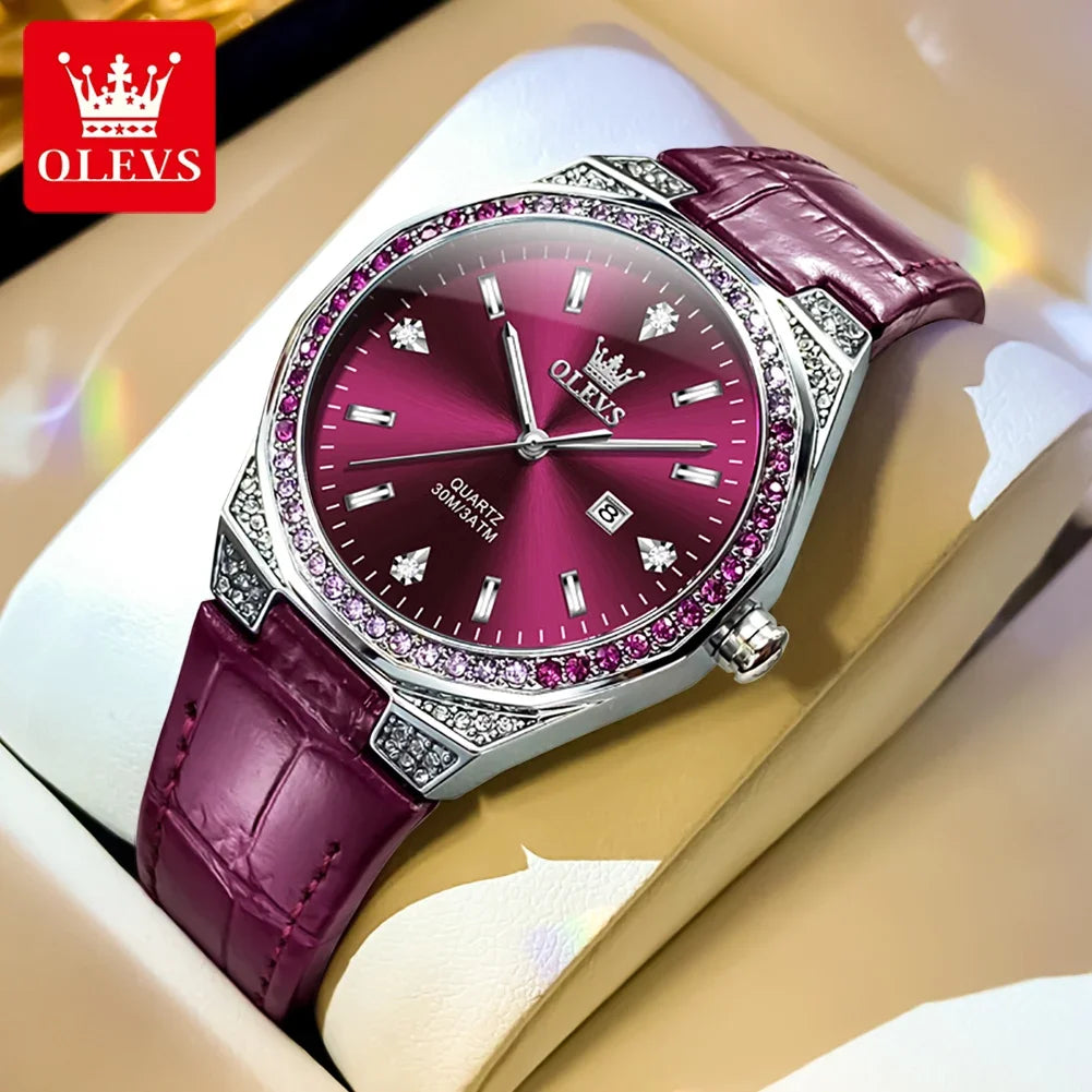 OLEVS 5606 Women's Luxury Diamond Quartz Watch – Leather Strap