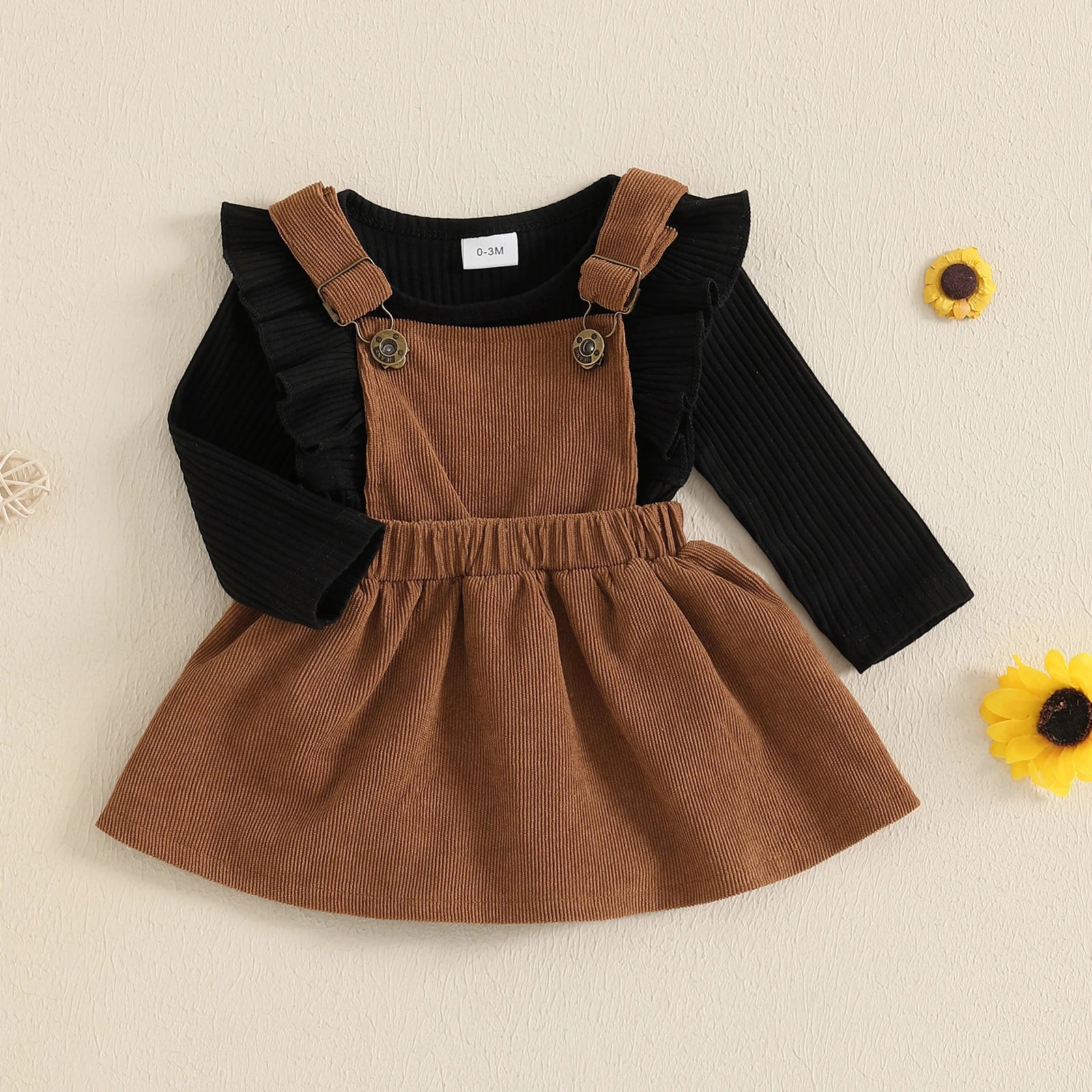 Infant Baby Girl Fall Outfits Ruffles Long Sleeve Crew Neck Ruffled Romper with Corduroy Suspender Skirt 2 Pcs Girls Sets