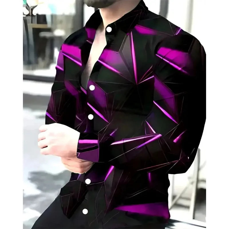 Men's 3D Geometric Hawaiian Shirt — Long Sleeve Streetwear