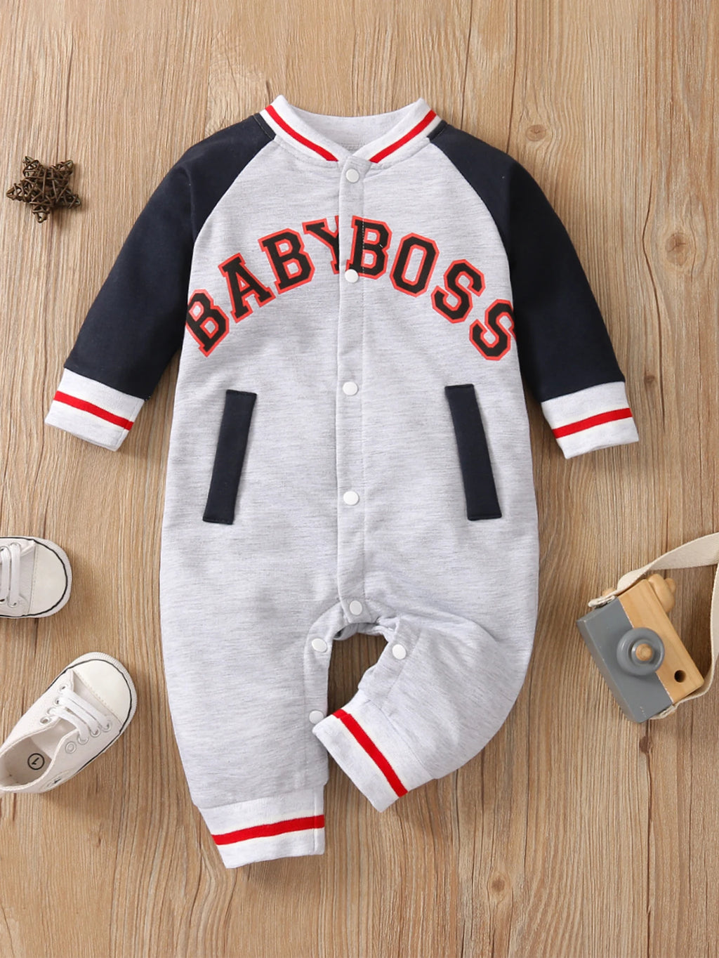 Baby Boy Long-Sleeve Romper — Letter Print Cotton Jumpsuit