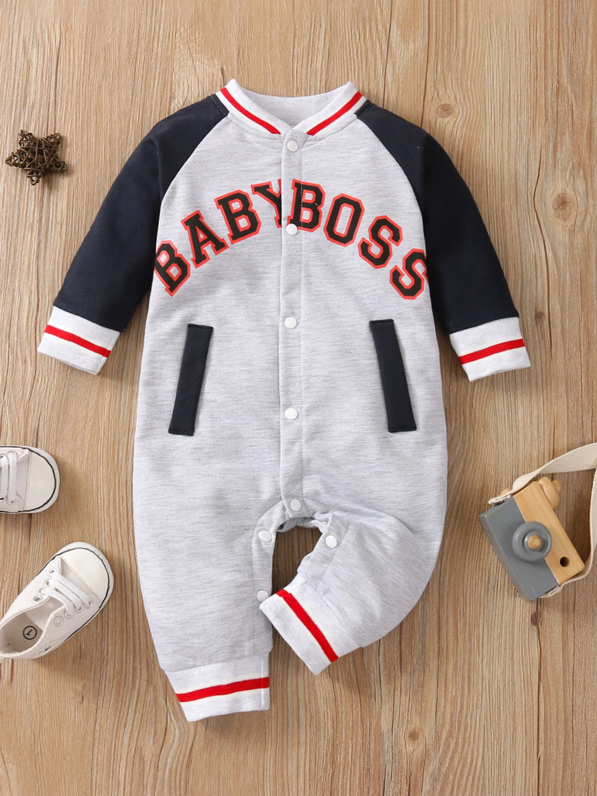 Baby Boy Long-Sleeve Romper — Letter Print Cotton Jumpsuit