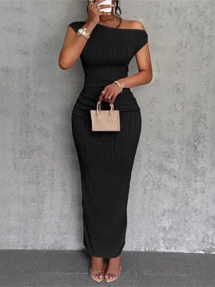 Fashion Water Ripple Slanted Shoulder Dress Women's Elegant And Simple Solid Color A-line Collar Mid-waist Sexy Hip Wrap Skirt