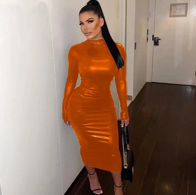 Women's Solid Color Round Neck High Waist A-Line Midi Dress – Casual Everyday Style