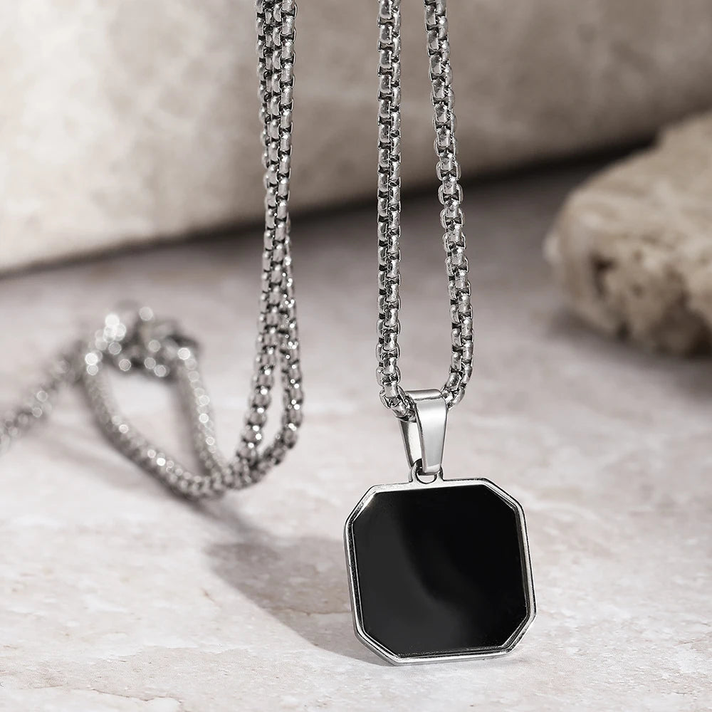 Geometric Square Pendant Necklace – Stainless Steel Sweater Chain