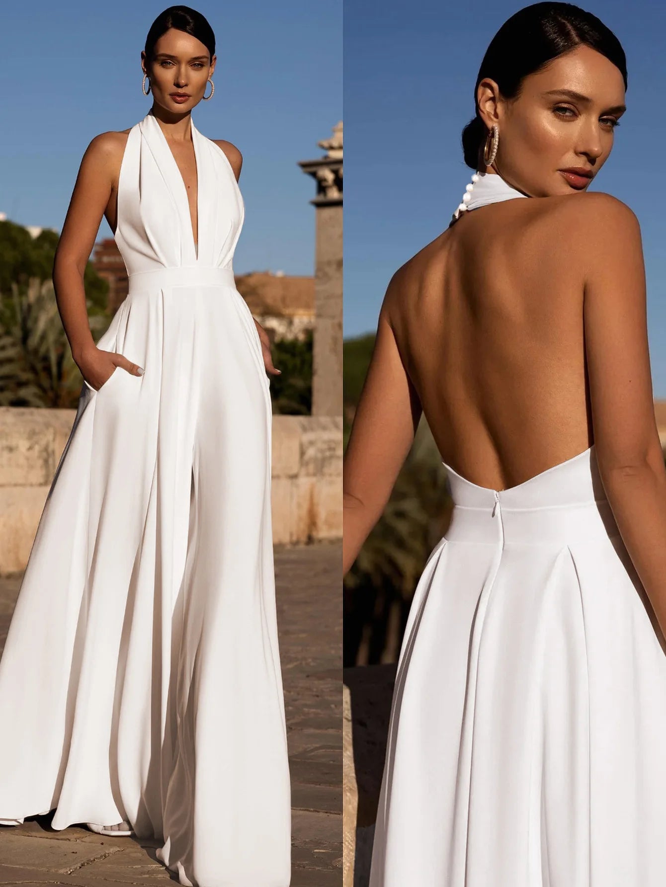 Temperament Elegant Halter Neck Jumpsuits Women Sexy Deep V-neck Backless High Waist Wide Leg Jumpsuit Solid Color Female New