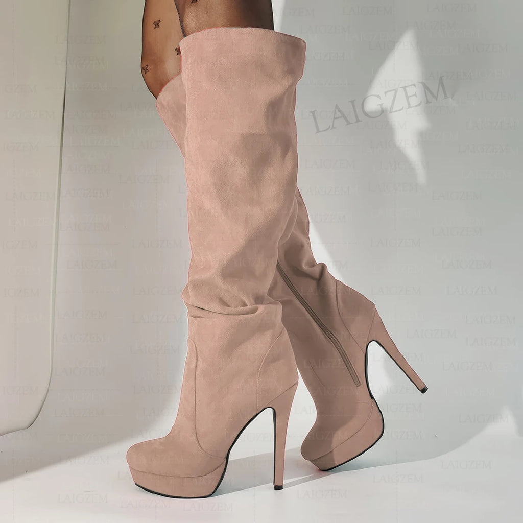 LAIGZEM Women Over Knee High Boots Faux Suede Zip Pleated Thin High Heels Boots Handmade Ladies Shoes Woman Big Size 41 43 45 52