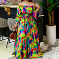 Women's Printed Maxi Dress – Off-Shoulder Puff Sleeve A-Line