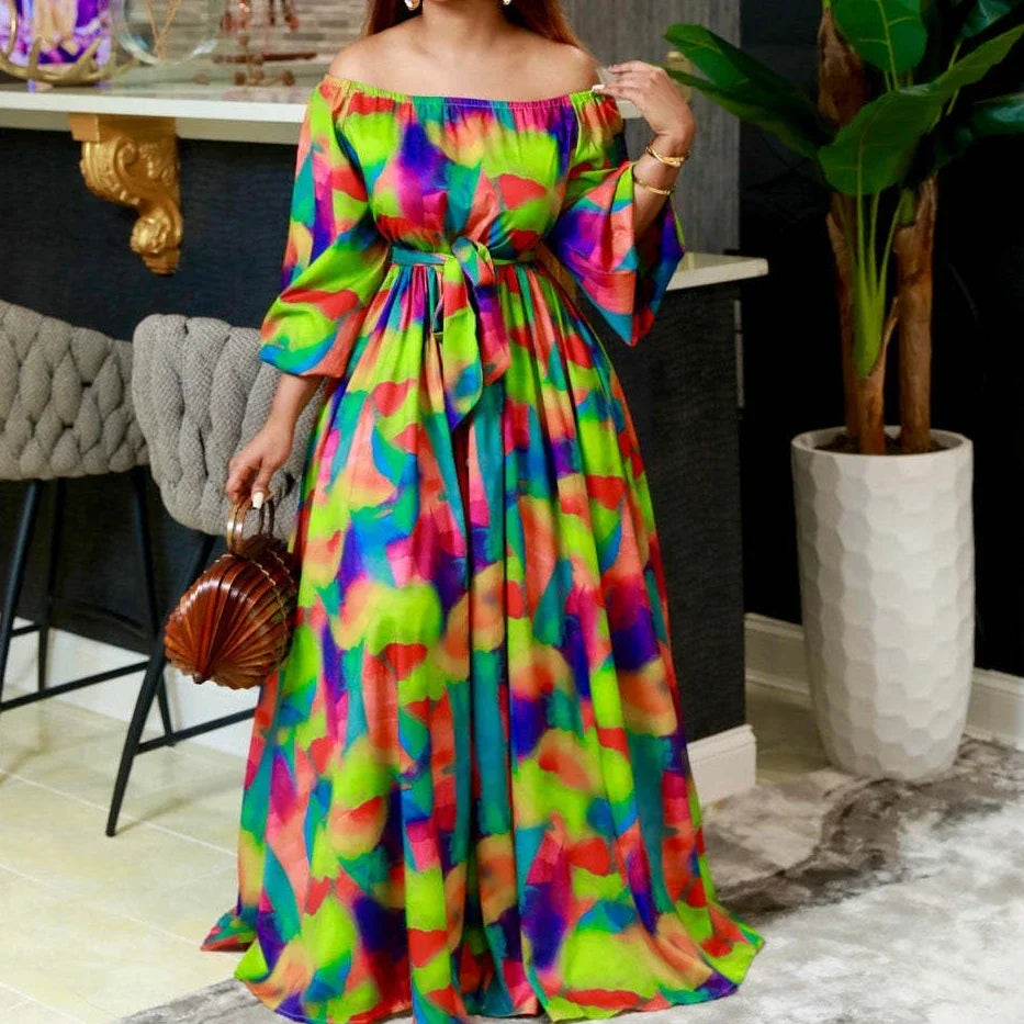 Women's Printed Maxi Dress – Off-Shoulder Puff Sleeve A-Line