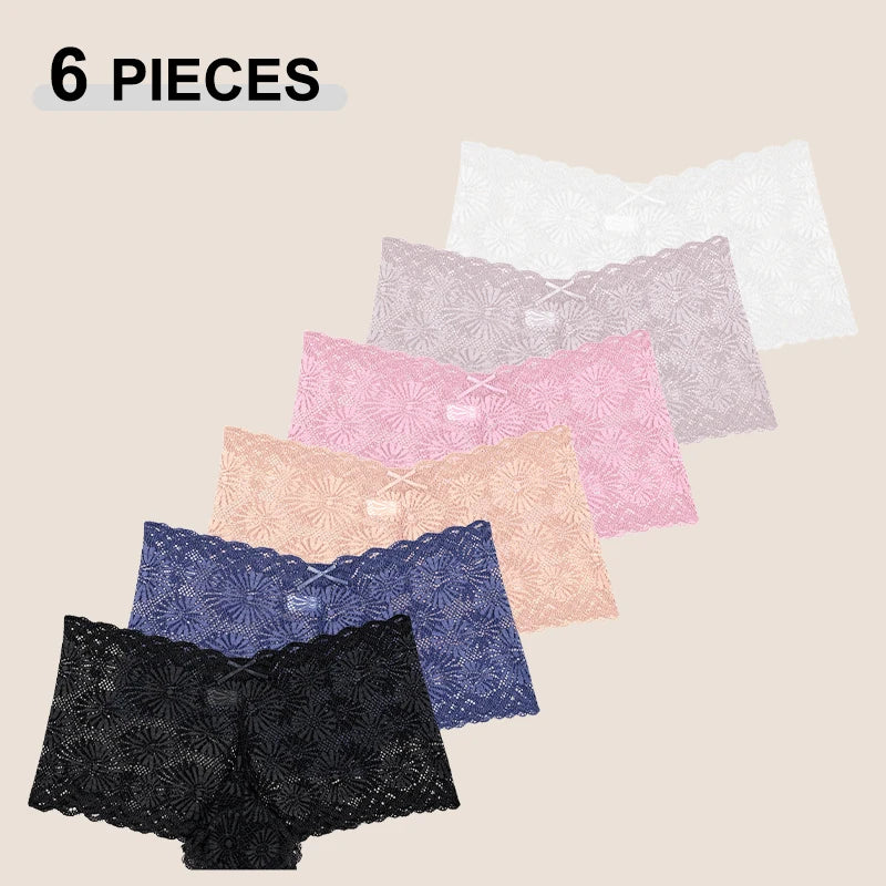 Women's Lace Boyshort Panties 6-Pack | Seamless High-Rise Floral Lingerie | S–2XL