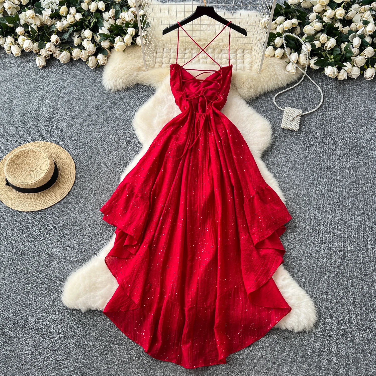 vintage backless sleeveless glitter butterfly asymmetrical pleated Elegant Slim Vintage High Street Korean Fashion Women Clothes