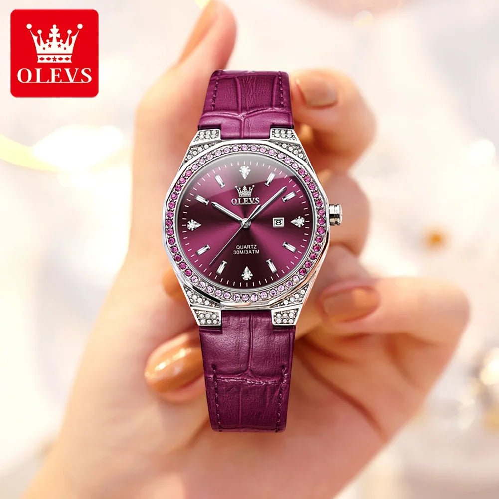 OLEVS 5606 Women's Luxury Diamond Quartz Watch – Leather Strap