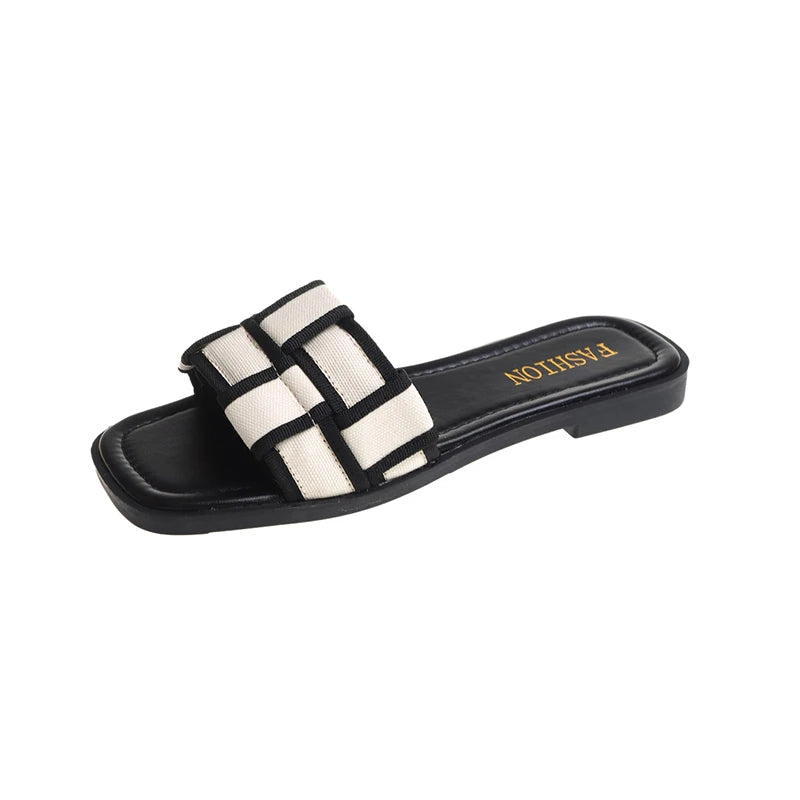 Women's Braided Roman Flat Slippers | Open-Toe Beach Sandals | Beige & Black | EU 35–40