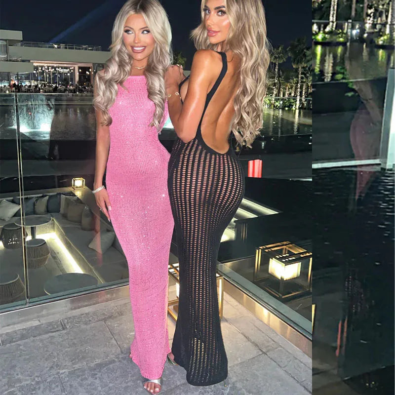 Maxi Dress Sexy Style Knitting Breathable Beachwear Cover Ups Hollow Leakage Waist Long Dress Holiday Sunscreen Camisole Dress