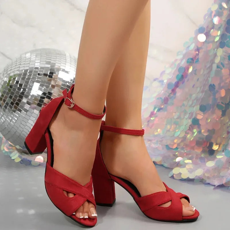 Women's sandals, buckle-decorated red open-toe sandals, lightweight thick high heels, fashionable party Zapatos De Mujer 34-45