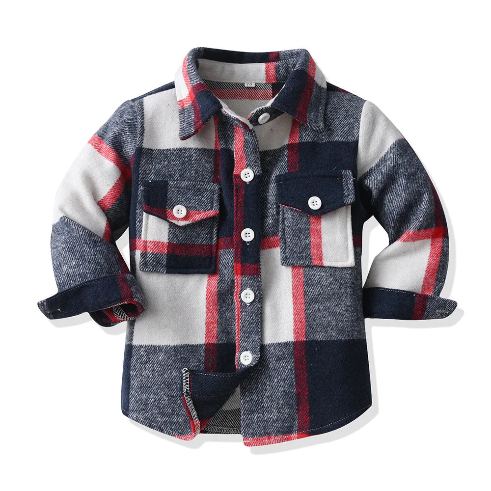 Kids' Korean Plaid Double-Breasted Cardigan Coat – Trendy Unisex Short Jacket for Boys & Girls