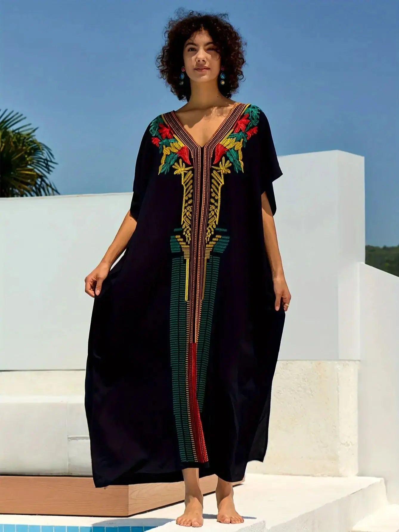 Embroidered Women Loose Black Kaftan Summer Beach Dress Bohemian Holiday Swimsuit Coverup Cozy Robe Outfit dropshipping