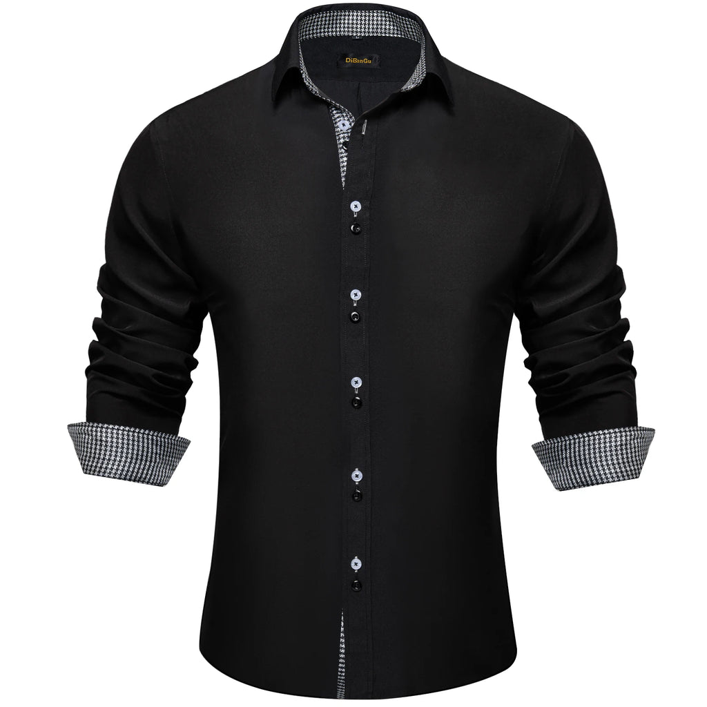 Men's Polyester Cotton Solid Black Shirts Long Sleeve Blue Paisley Patchwork Social Casual Dress Shirt Elegant Men Clothing