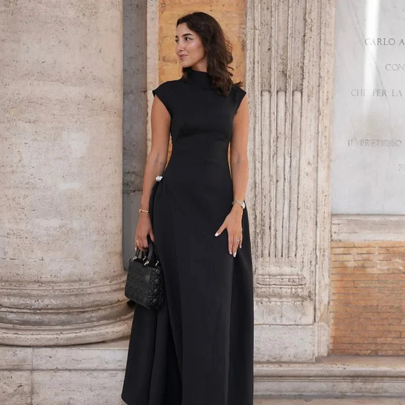 Elegant Asymmetric Collar Sleeveless A-Line Maxi Dress – Women's Evening Gown