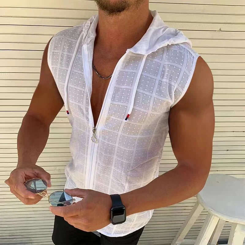 Short sleeved hooded zippered cardigan T-shirt for men's summer new fashionable plaid sleeveless t-shirt for men's lapel top
