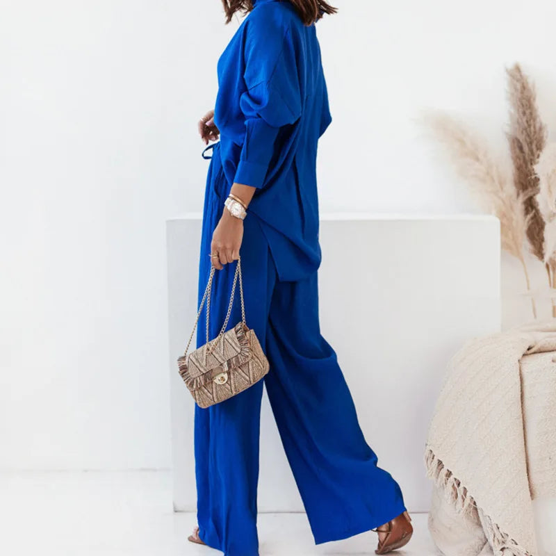 Women's Lapel Shirt & High Waist Wide-Leg Trousers – Elegant 2-Piece Suit Set