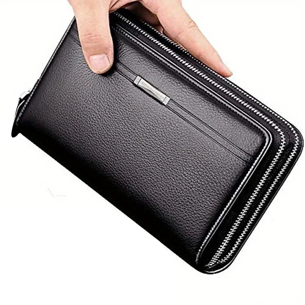 Men's Long Leather Wallet & Clutch — Large Business Zip-Around Purse with Phone & Card Holder | Brown & Black