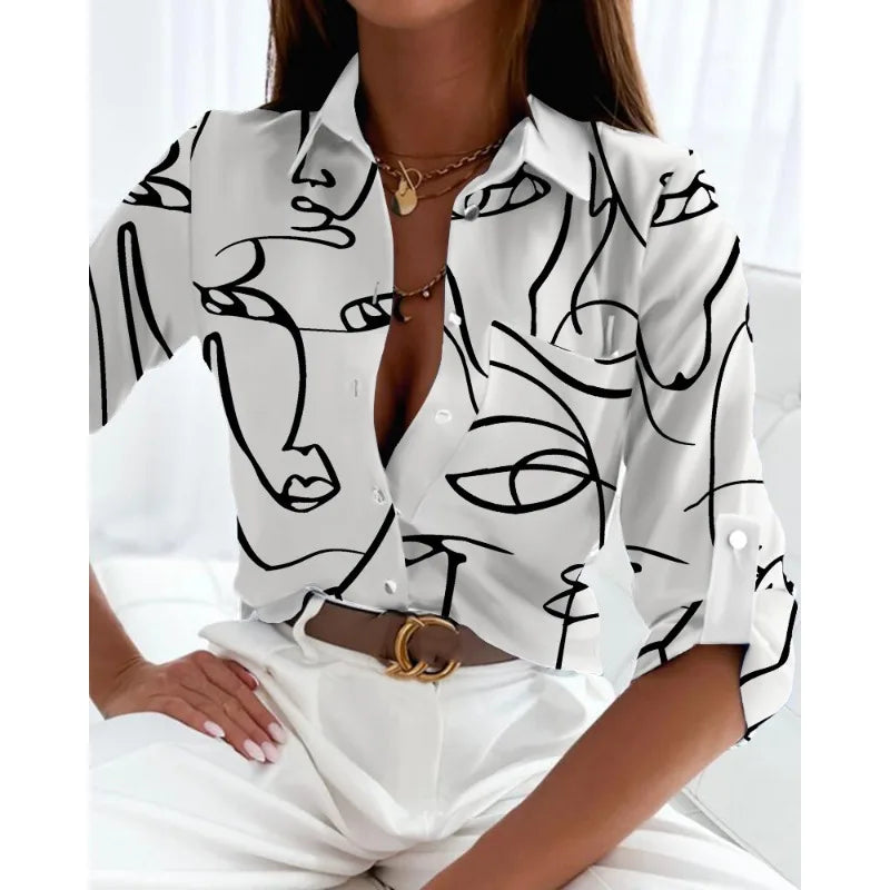 Women's Printed Button-Down Shirt – Elegant Office Casual Blouse