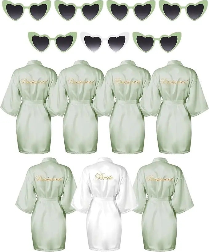 7 Pcs Bride Bridesmaid Robe Sets for Wedding Bridal Party Satin Robes Maid of Honor Robe with Heart Shaped Sunglasses
