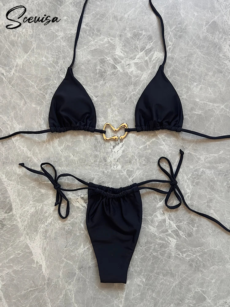 2024New Sexy Low Waisted Bikini Set Swimsuit Swimwear Women Strappy Solid Red Halter Thong Beachwear Bathing Suit biquini Summer