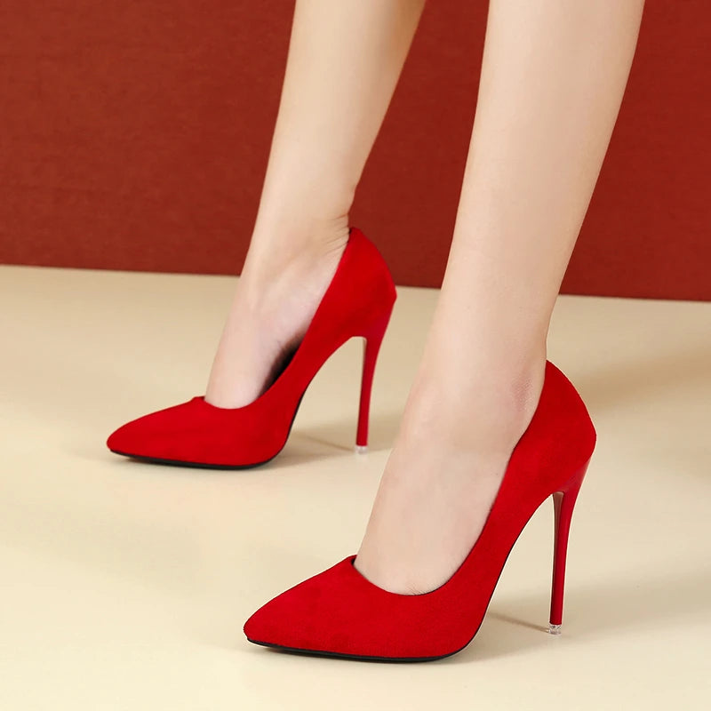 Fashion High Heels Red Black Plus Size 35-45 Women Shoes 12cm Stiletto Suede Wedding Shoes Sexy Pointed Toe Ladies Party Shoes