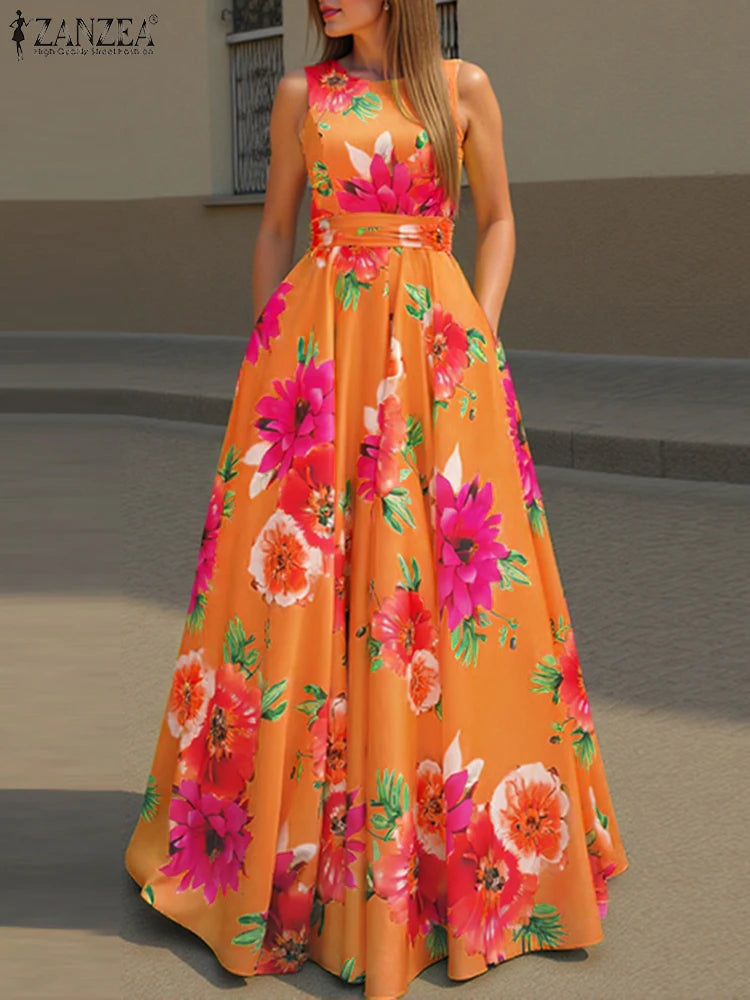 Women's Bohemian Floral Print Sleeveless Maxi Sundress – Loose Fit Summer Party Dress