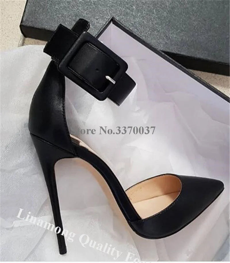 Linamong Elegant Fashion Pointed Toe Stiletto Heel Pumps Ankle Strap Buckle Red Black Gold High Heels Formal Dress Shoes