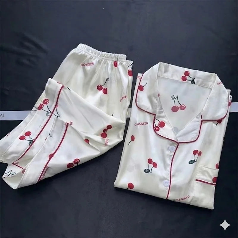 Cherry Print Satin Pajama Set for Women – Short Sleeve Top & Shorts