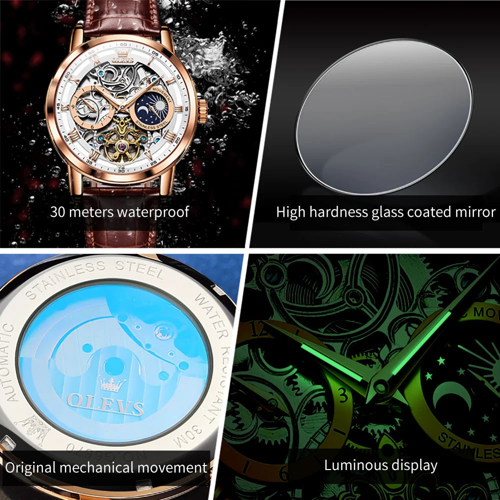 OLEVS 6670 Men's Automatic Mechanical Watch | Skeleton Leather Strap