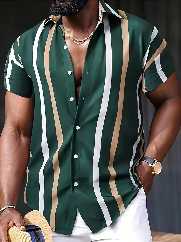 Summer Stripe Color Block 3D Printed Casual Office Shirt Mens Womens Casual Fashion Vintage Short Sleeve Shirt Mens Tops Shirt