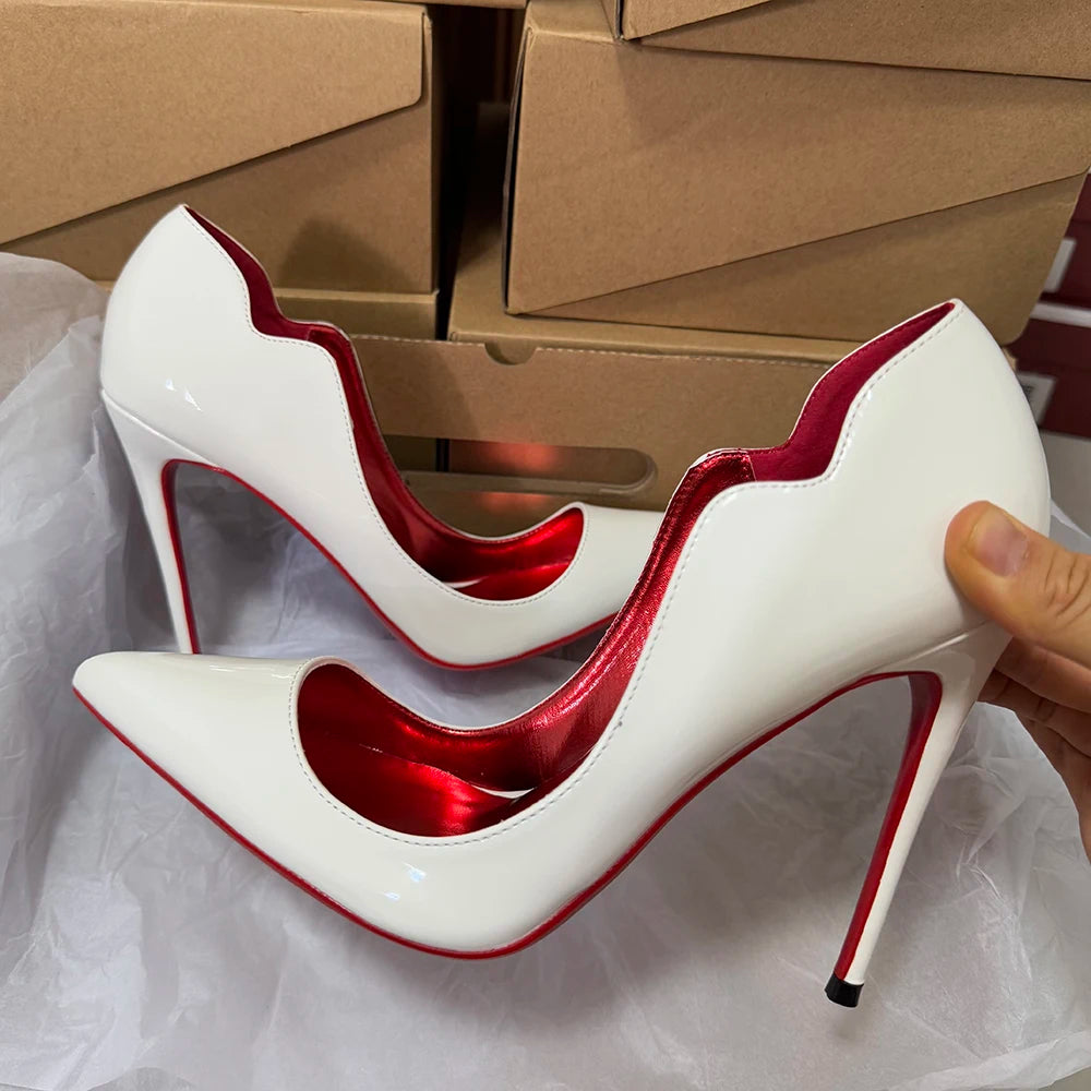 Veowalk Wave Cut Women Pointed Toe Stiletto Pumps Fashion Design Red Inside Slip On 12cm High Heel Shoes Glossy Nude Black White