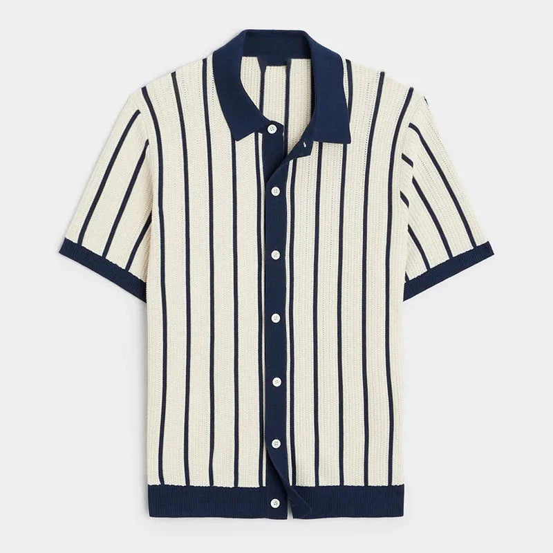 Men's Luxury Knit Striped Shirt — Vintage Slim Fit Button-Up Short Sleeve | M–3XL