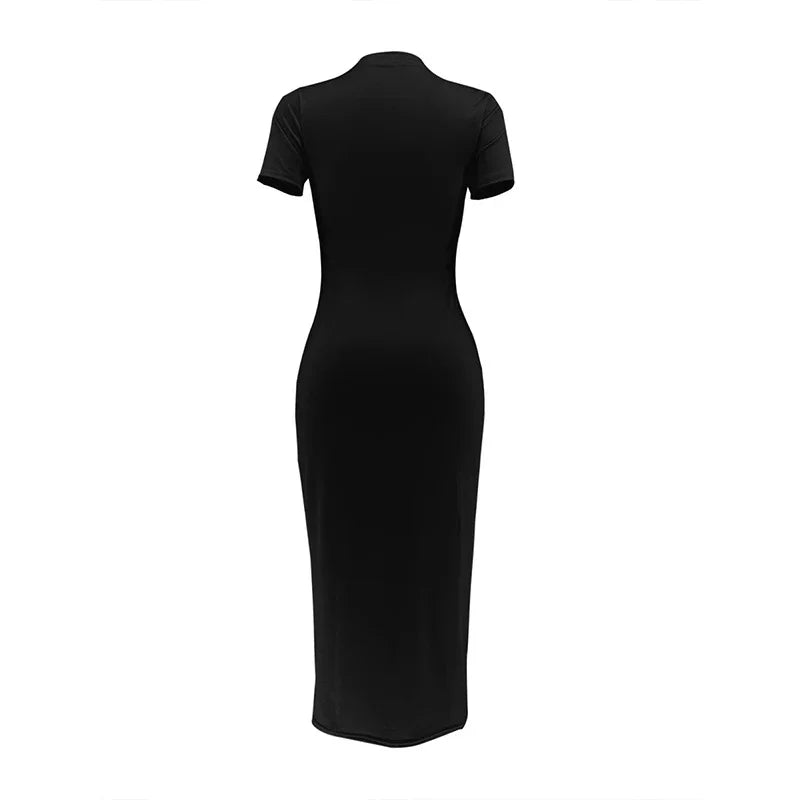 Women's Summer Printed Midi Dress – Slim Fit, Round Neck, Short Sleeve