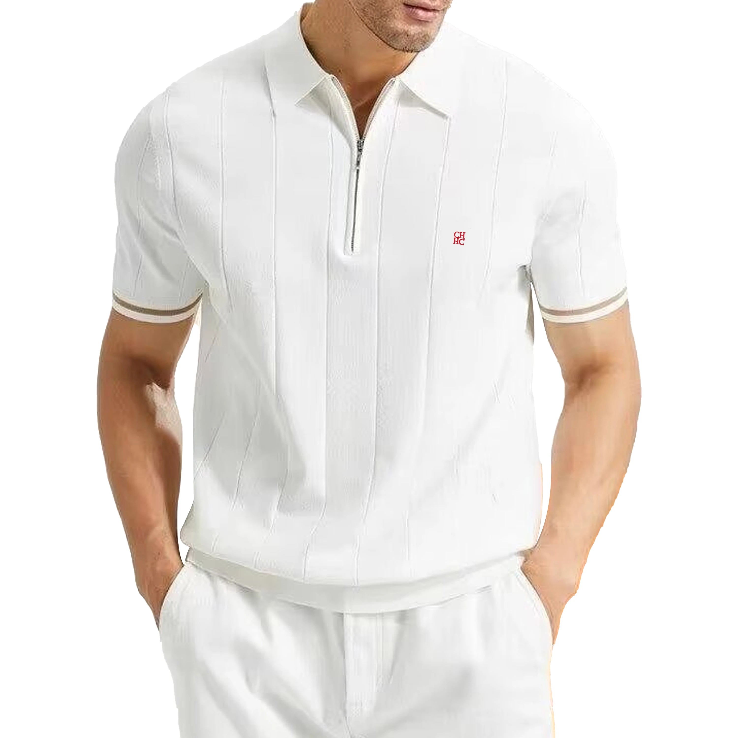 Men's Ribbed Knit Polo Shirt — Breathable Smart Casual Tee with Embroidery