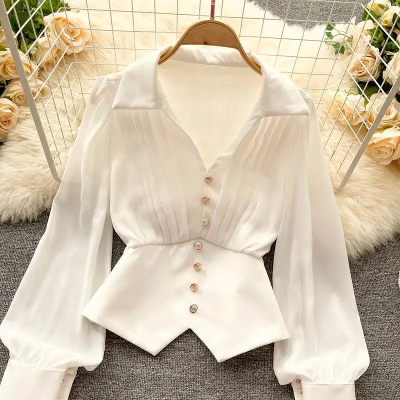 Women's Puff Sleeve Polo Blouse – Casual Button-Up Short Top