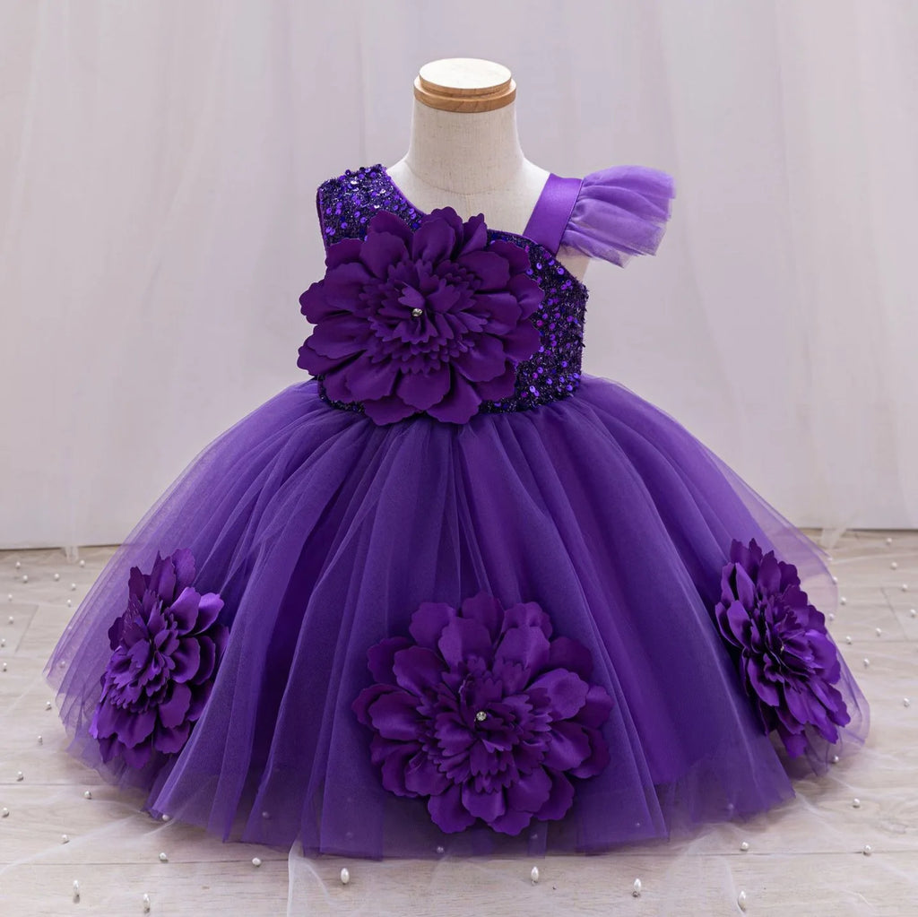 New Red Single Shoulder Sparkling Flying Sleeve Baby's Birthday Party Dress 0-6 Year Old Girl Pageant Dresses for Toddler Girls