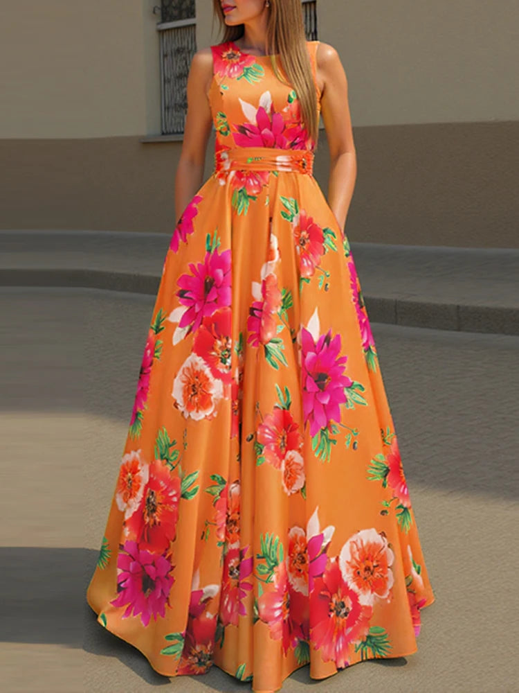 Women's Bohemian Floral Print Sleeveless Maxi Sundress – Loose Fit Summer Party Dress