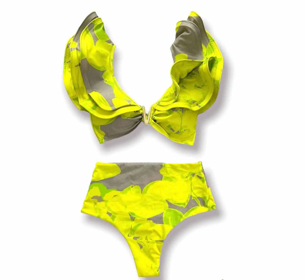 2025 New Sexy High Waist Bikini Sets Ruffle Swimwear Women Swimsuit Print Floral Dots V-neck Beach Wear Bathing Suits Biquini
