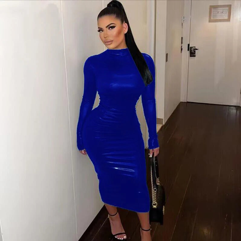 Women's Solid Color Round Neck High Waist A-Line Midi Dress – Casual Everyday Style