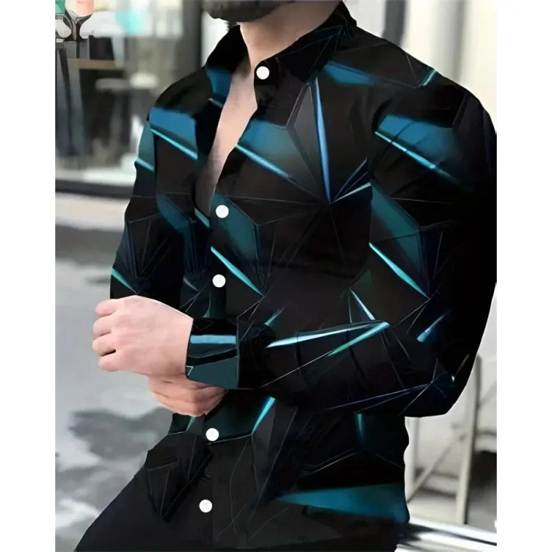 Simple Geometry Pattern Hawaiian Shirts For Men Colorful 3D Printed Aloha Shirts Casual Loose Long Sleeve Lapel Tops Blouses