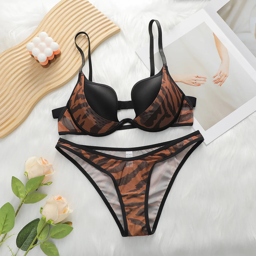 Women's Leopard Print Push-Up Lingerie Set | Underwire Bra & Brief | Brown | 70B–85B