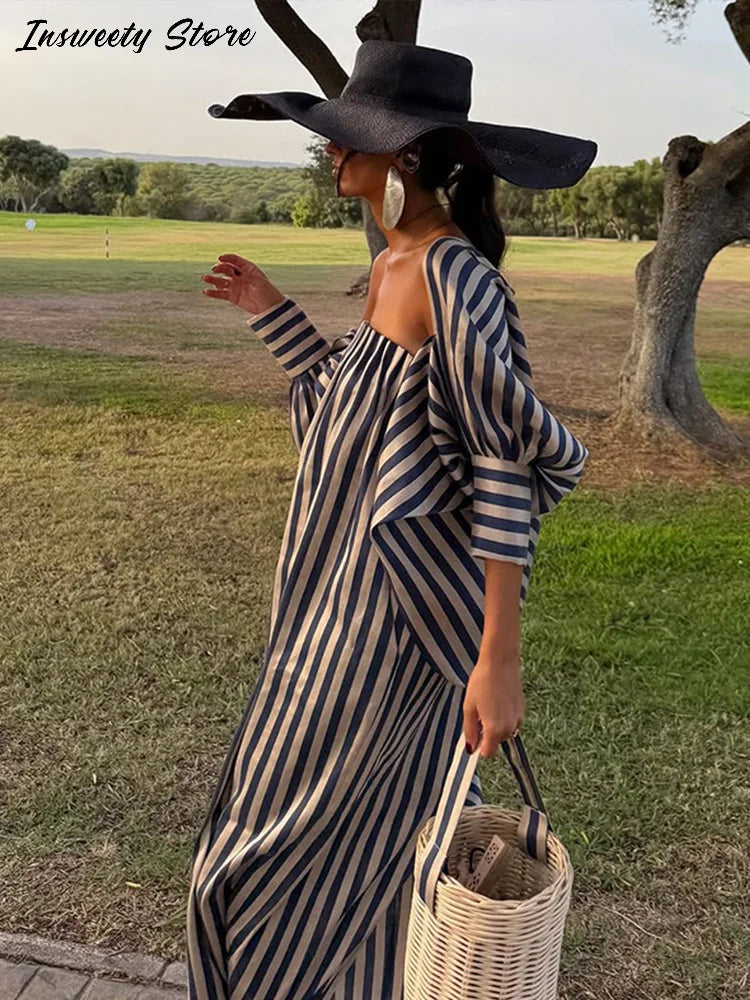 Women's Striped Strapless Maxi Dress with Detachable Capelet Shawl
