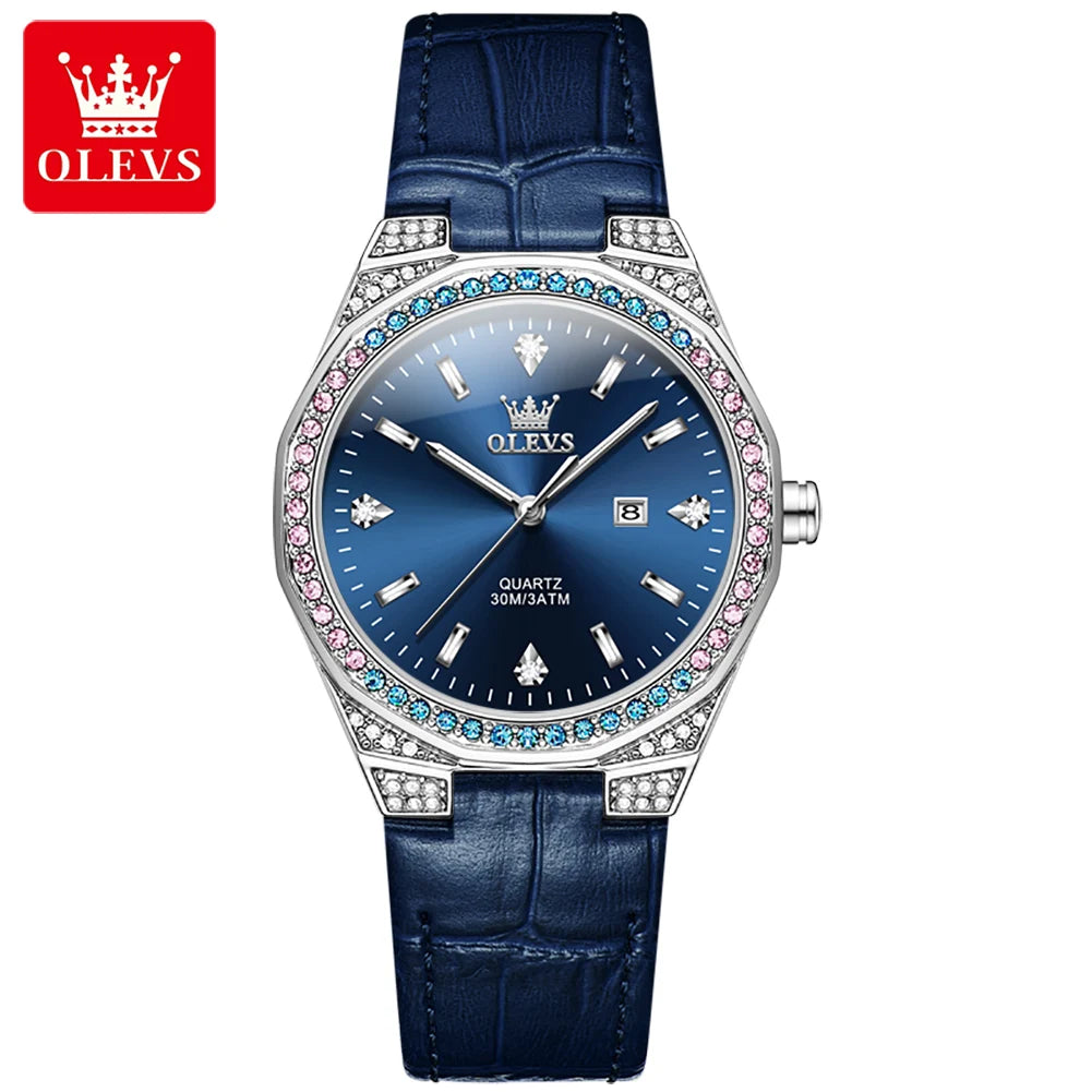 OLEVS 5606 Women's Luxury Diamond Quartz Watch – Leather Strap