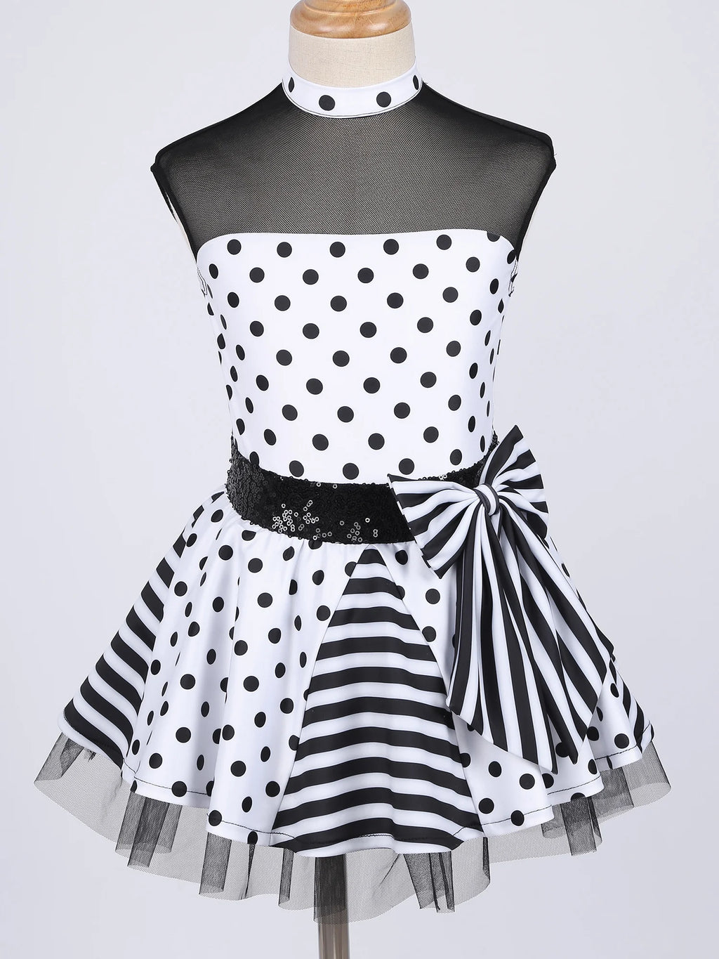 Girls Jazz Latin Ballet Dance Dress Polka Dots Print Mesh Sequin Bowknot Tutu Dress Birthdays Party Wedding Flower Girl Dresses